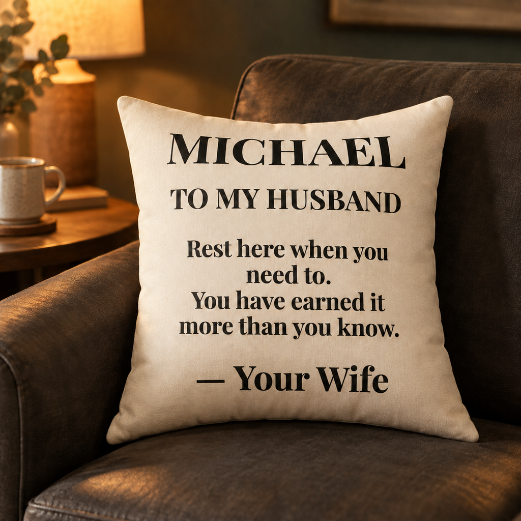 To My Husband personalized pillow from wife on an armchair, cream with black serif letter