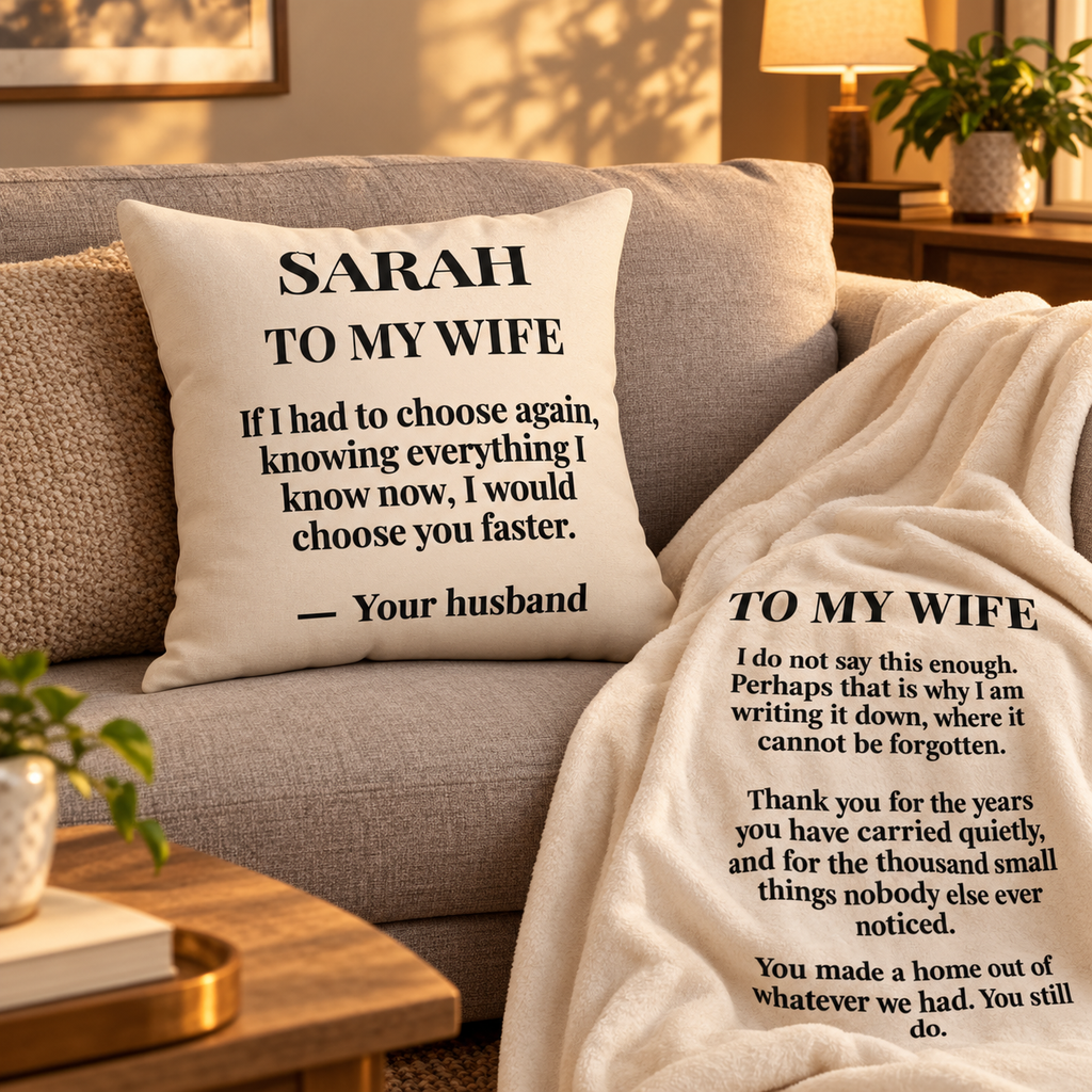 To My Wife pillow and matching letter blanket set on a sofa