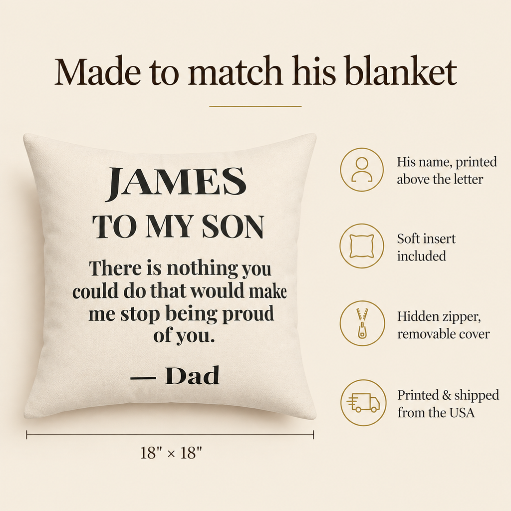 To My Son pillow features: name printed above the letter, insert included, hidden zipper, 18 x 18 inches