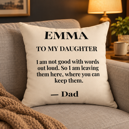 To My Daughter personalized pillow from Dad on a sofa, cream with black serif letter