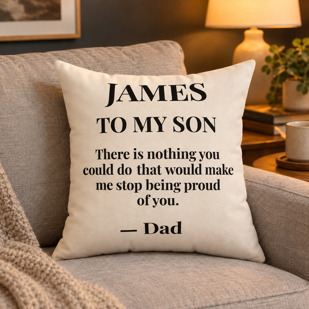 To My Son personalized pillow from Dad on a sofa, cream with black serif letter