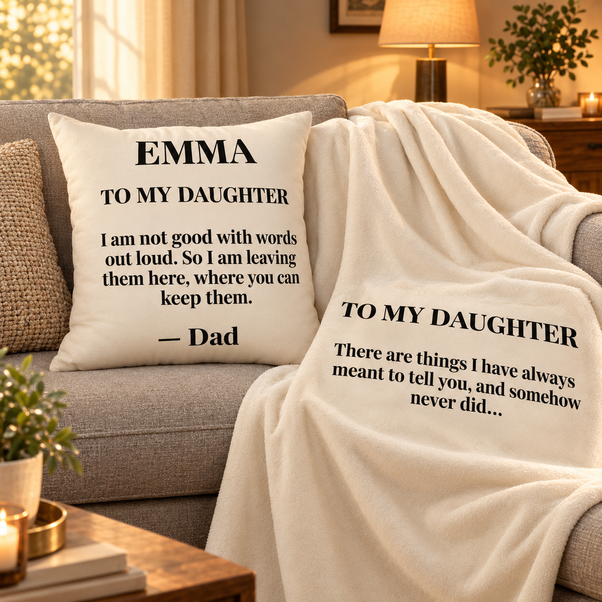 To My Daughter pillow and matching letter blanket set on a sofa