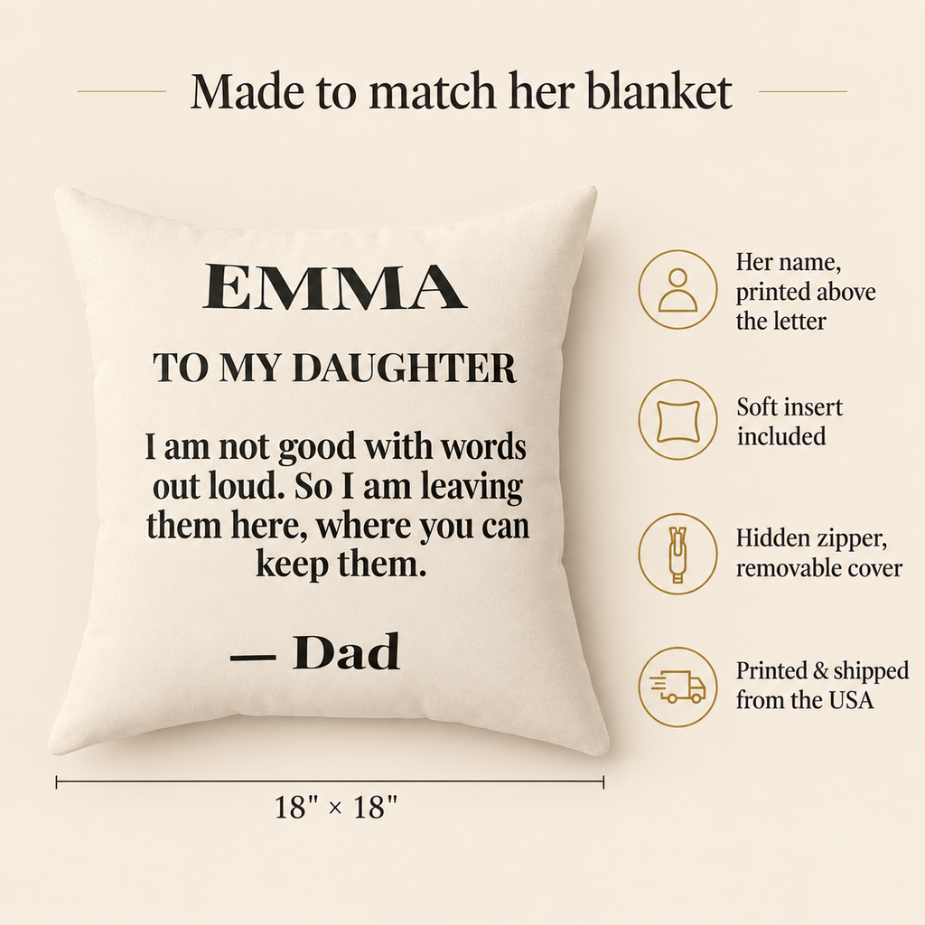 To My Daughter pillow features: name printed above the letter, insert included, hidden zipper, 18 x 18 inches