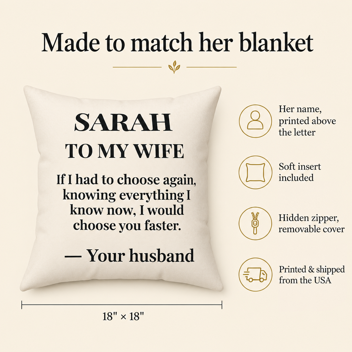 To My Wife pillow features: name printed above the letter, insert included, hidden zipper, 18 x 18 inches