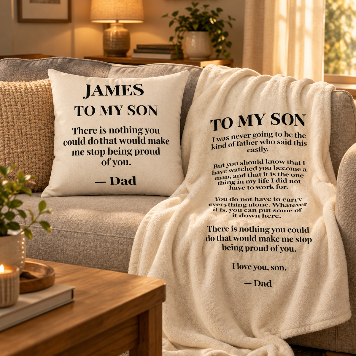 To My Son pillow and matching letter blanket set on a sofa